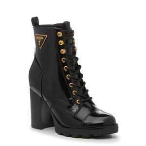 GUESS Glossy Black Lace-Up Boots with Gold Accents